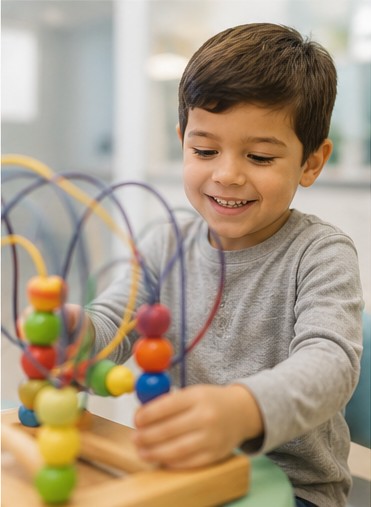 Boy playing with a colorful bead maze toy in the office