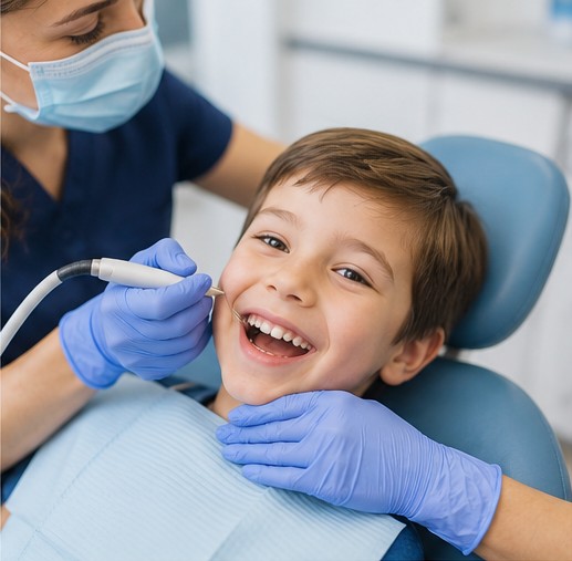 Smiling boy in the dental chair during a cleaning