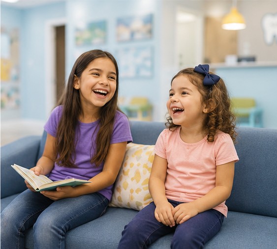 Two girls laughing together in the waiting room after a happy visit