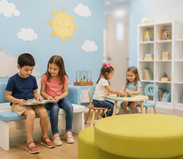 Two children reading together on a bench in the sunny office waiting room
